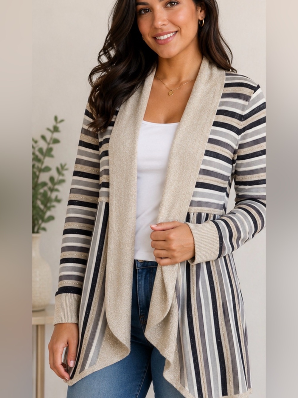 White House Black Market Beige and Black Striped Open-Front Cardigan